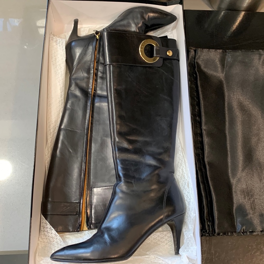 Escada Black Leather Knee-High Heeled Boots with Gold Accent